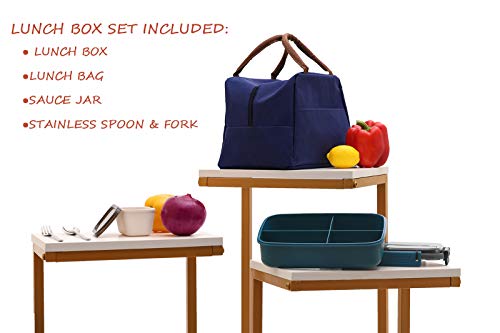 MINCOCO Bento Lunch Box Leak-proof Eco-Friendly Bento Box Food Storage Containers with Large Lunch Bag, Sauce Jar, Stainless Spoon&Fork for Adults Women Men Kids (Navy Blue) - color: Navy Blue
