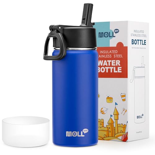 16 oz Water Bottle for Kids with Straw-Stainless Steel Double Wall Vacuum Insulated Wide Mouth Water Bottles for School, Leak-Proof Travel Water Flask(Navy) - color: Navy, size: 16 Ounces