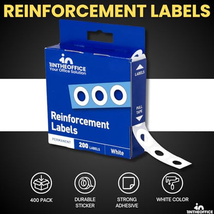 1InTheOffice Hole Punch Reinforcement Stickers, Paper Hole Reinforcement Stickers, Hole Reinforcers for Ring Binders - Sheet Hole, 20 Labels Per Sheet, White, 1/4" Diameter, 400/Pack