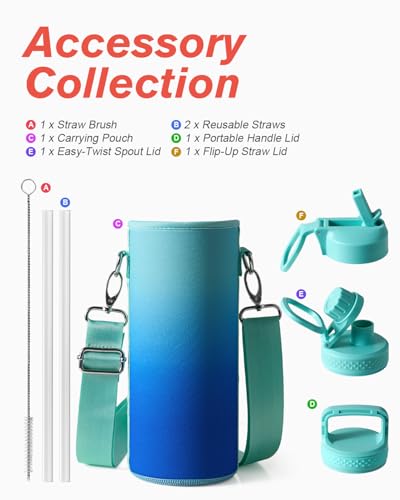 Coolflask 40 oz Water Bottle Insulated with Straw & 3 Leakproof Lids | Water Flask Stainless Steel Triple-Wall Vacuum,Cold 48+h,Dishwasher Safe,Wide Mouth, BPA-Free,Carrier Bag,for Gym,Hiking - color: Pacific Prince, size: 40 Ounces