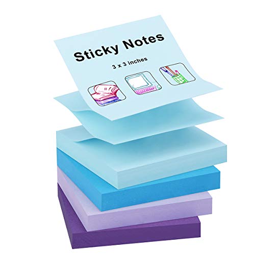 ZCZN 400 Sheets Pop-up Sticky Notes, 3 x 3 Inches, 4 Pads Assorted Water Colors Self-Stick Notes, 100 Sheets/Pad, (Blue Purple Light Blue Light Purple) - color: 4 Watercolors