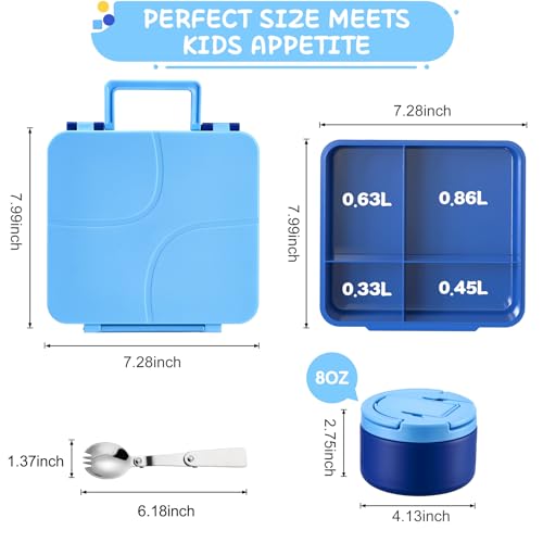 MAXSO Bento Lunch Box Set for Kids with 8 oz Soup Thermo, Leakproof Hot Food Container with 4 Compartments, Insulated Food Jar for Toddler Daycare Boys Girls School - Blue - color: Blue