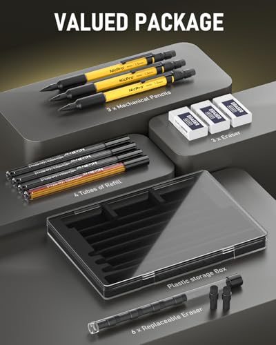 Nicpro 3 PCS 1.3 mm Mechanical Pencil Set with 48 Lead Refills, 3 Eraser - Weatherproof Metal Barrel, Heavy Duty Carpenter Pencil MP2000 for Outdoor Marking Drafting Drawing Woodworking - with Case - style: 3 Pack (Yellow)