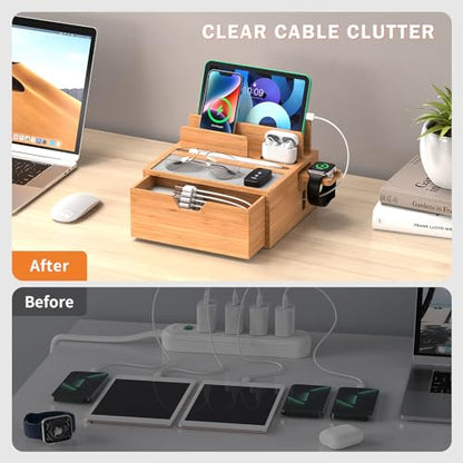 Pezin & Hulin Bamboo Charging Station with Power Charger & Cables-Black | Nightstand Docking Station with Lined Tray & Drawer for Multi Device, Compatible with Tablet, Cell Phones, Watch & Earbuds - color: #1 Bamboo (With Charger)