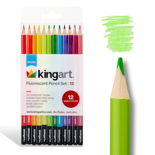 KINGART Neon Colored Pencils, 12 pc, for Adult Coloring Books, Fluorescent Colored Professional Drawing Pencils Set Art Supplies Kit for Adults Beginners Artists, Soft Core - color: Neon