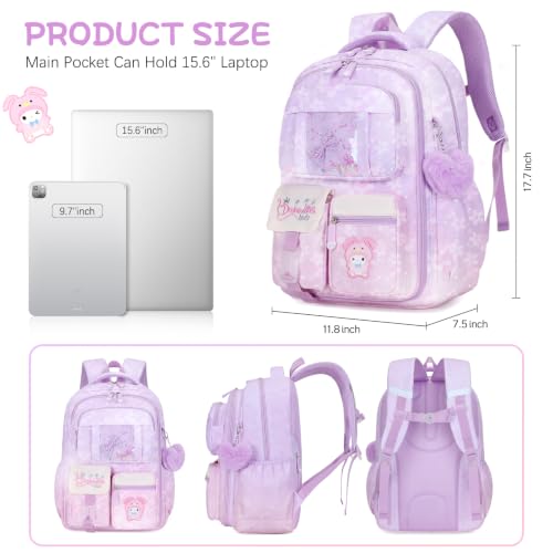 Jafeton Backpacks for Girls, Girls Backpack with Insulated Lunch Bag and Pencil Case for Kids Teens Elementary Middle High School Student, Cute Bow School Bag Travel Daypacks Book Bag Set - color: Purple Pink