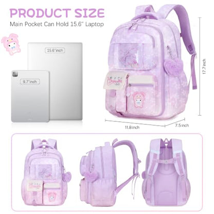 Jafeton Backpacks for Girls, Girls Backpack with Insulated Lunch Bag and Pencil Case for Kids Teens Elementary Middle High School Student, Cute Bow School Bag Travel Daypacks Book Bag Set - color: Purple Pink