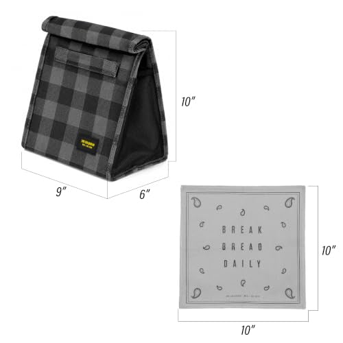 2nd Childhood Insulated Lunch Bag for Men, Durable & Reusable, Plaid Grey | Slim lunch bag with carry handle, two mesh side pockets and a back slip pocket; insulated liner keeps food cool - color: Buffalo Grey