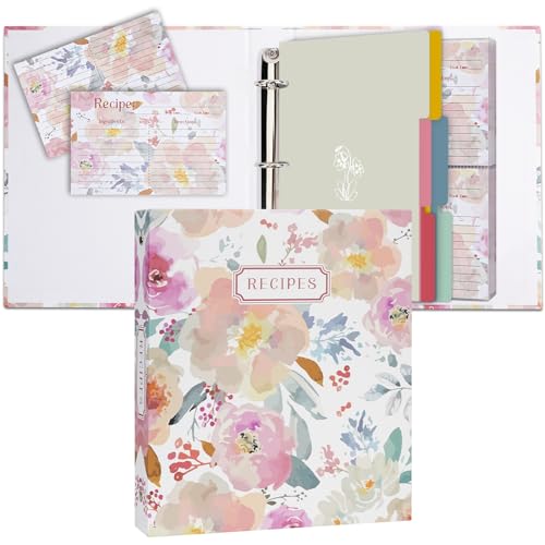 Recipe 3 Ring Binder 8.5x9.5, Full Page 3 Ring Recipe Binder Organizer Set with 25 Slot Pages & 50 Recipe Cards & 6 Divider Pages, Recipe Book for Make Your Own Recipe Sleek Kitchen Watercolor - color: Watercolor, size: Medium