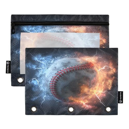 Baseball Water Fire Black Pencil Pouch for 3 Ring Binder Pencil Pouches with Zippers Clear Window Binder Pockets Pencil Bags for Work Office Daily 2 Packs - color: Multicolored-baseball Water Fire Black