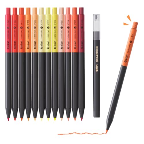 3.0mm Mechanical Colored Pencils Set, Pack of 12 (Reddish Yellow) | Soft Core Oil-Based, Click-to-Advance Lead, Include Sharpener,Assorted Colors,Art Supplies for Coloring, Sketching, Drawing - color: Reddish Yellow