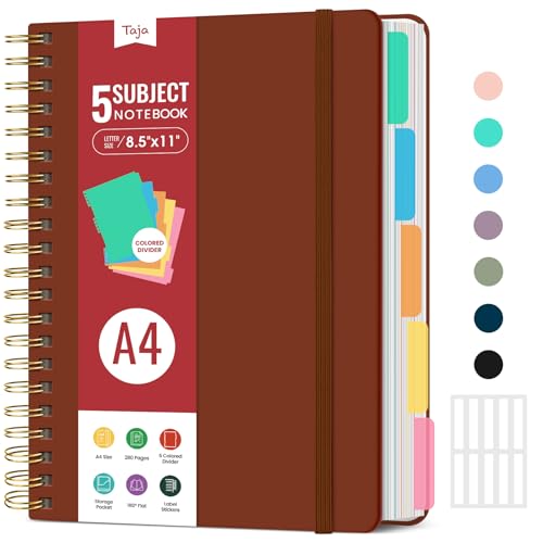 Hardcover Spiral Journal Notebooks for Work With Removable Dividers & Tabs, 8.5"x11" 5 Subject Notebook for Note Taking & Organizer, A4 College Ruled Lined Journal for Women & Writing, Rust Brown, 280 Pages - color: C-Rust Brown
