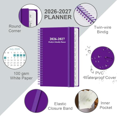 2026-2027 Pocket Planner/Calendar - 2026-2027 Planner from July 2026 - June 2027, Planner 26-27 with 12 Tabs, Twin-Wire Binding, Inner Pocket, 3.75" x 6.75, Purple - color: Purple, size: 3.75" x 6.75"