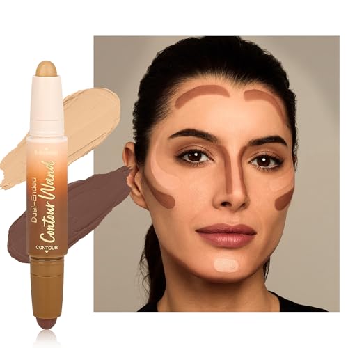 Contour Highlighter Stick，2-in-1 Dual-Ended Cream Bronzer & Highlighter Sticks Pen for Face Body Contouring Makeup- Buildable，Waterproof, Easy to Apply Suitable for Beginners，04Nude Brown+Nude - color: A04#Rich