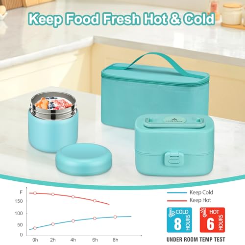 Pawtong Bento Lunch Box with 8oz Soup Thermo, Kids Sustainable Bento Box Leakproof Lunch Food Containers with Lunch Bag, Kids Thermo Insulated Hot Food Jar for School, Trvael (Blue) - color: Blue