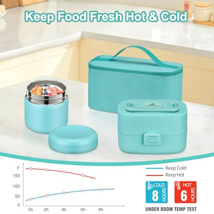 Pawtong Bento Lunch Box with 8oz Soup Thermo, Kids Sustainable Bento Box Leakproof Lunch Food Containers with Lunch Bag, Kids Thermo Insulated Hot Food Jar for School, Trvael (Blue) - color: Blue