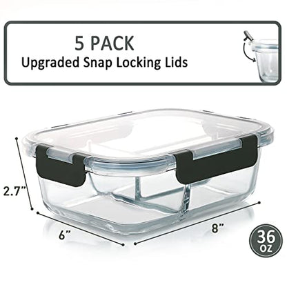 M MCIRCO [5-Pack, 36 oz] Glass Meal Prep Containers 3 Compartment with Lids, Glass Lunch Containers,Food Prep Lunch Box,Bento Box,Microwave, Oven, Freezer, Dishwasher (4.5 Cups) - color: Gray