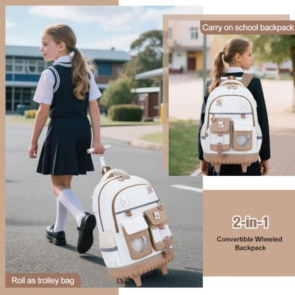 ACESAK Rolling Backpack for Girls - Roller Wheels School Bookbag with Lunch Bag & Pencil Pouch for Teen Girls Kids Wheeled Suitcase Backpacks, Elementary Middle School Travel Daypack (Khaki White) - color: Khaki-white