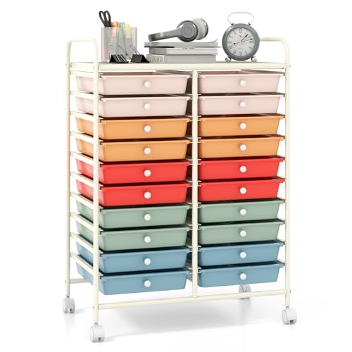 Giantex 20 Drawers Rolling Cart, Mobile Storage Drawer Cart, Classroom Organizer Cart for Office School Supplies Teacher Tools Scrapbook Paper Craft Small Printer, Utility Cart on Wheels, Macaron - color: Macaron, size: 25” x 15” x 35”(20 Drawers)