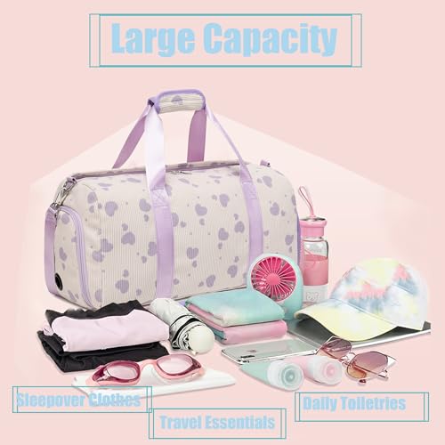Jumpopack Corduroy Dance Bag Girls Duffle Bags Gymnastics Overnight Sleepover Gym Bag with Shoe Compartment and Wet Pocket,Heart Shape - color: Heart Beige