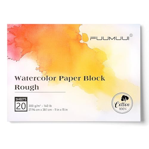 Fuumuui 11×15 Watercolor Paper Block, Textured Rough 100% Cotton Watercolor Paper, 140lb/300gsm, 20 Sheets, Acid-Free, Art Paper for Painting & Drawing, Wet, Mixed Media, Rough Grain - color: Rough, size: 11×15"