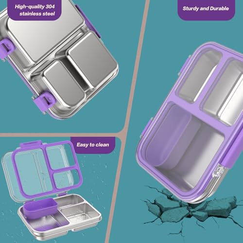 Stainless Steel Bento Box for Kids, 3-Compartment Metal Lunch Box with Clear Lid & Removable Silicone, Lunch Box Kids with Silicone Inner Container for Meal Prep, School, Office (Purple) - color: Purple