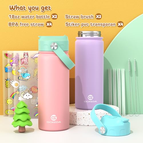 GoKEDA 18oz Kids Water Bottle, 2 Pack Stainless Steel Straw Cup - color: Pink+Purple