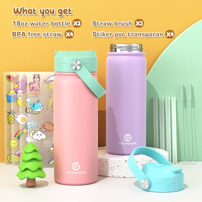 GoKEDA 18oz Kids Water Bottle, 2 Pack Stainless Steel Straw Cup - color: Pink+Purple