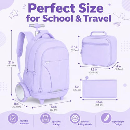 AGSDON Quiet Glide Rolling Backpack with Lunch Box Set - Large Wheel Water-Resistant Wheeled Bag for Business, Travel, and College | Lavender Purple 3-in-1 Organizer Backpack - color: Reflective Purple - Rolling Backpack