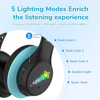 EarFun K4 Kids Bluetooth Headphones, Wireless Headphones with LED Lights | 74/85/94dBA Volume Limited, Built-in Mic, 90H Playtime, Bluetooth 5.4 Over Ear Headphone for iPad/Tablet/School, Dark Black - color: Dark Black