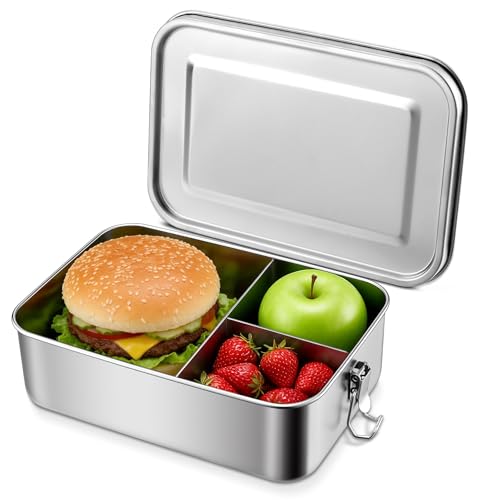 E-far Stainless Steel Bento Box, Large 2400ml Metal Lunch Box, 81oz Leak-Proof Lunch Food Container with Lids and Divider, Reusable Meal Storage for Camping Picnic Travel Work - size: 2400ML