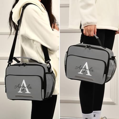 Custom Student Lunch Bag for Boys Girls Gray Solid Color Personalized Name Lunch Box Insulated Cooler Bag for School Picnic Office - color: Multi27