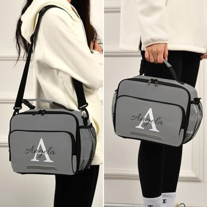 Custom Student Lunch Bag for Boys Girls Gray Solid Color Personalized Name Lunch Box Insulated Cooler Bag for School Picnic Office - color: Multi27