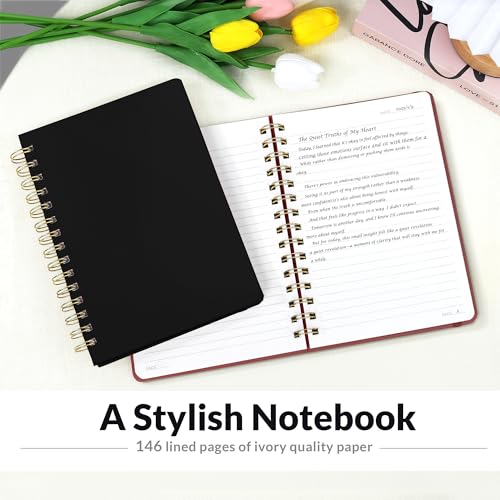 SUNEE Lined Spiral Journal Notebook for Women, 146 Pages College Ruled Hardcover Journaling Notebook for Work, Note Taking and Office School Supplies, A5 -Black - color: Black