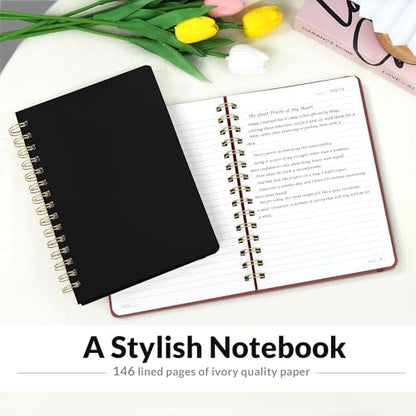 SUNEE Lined Spiral Journal Notebook for Women, 146 Pages College Ruled Hardcover Journaling Notebook for Work, Note Taking and Office School Supplies, A5 -Black - color: Black