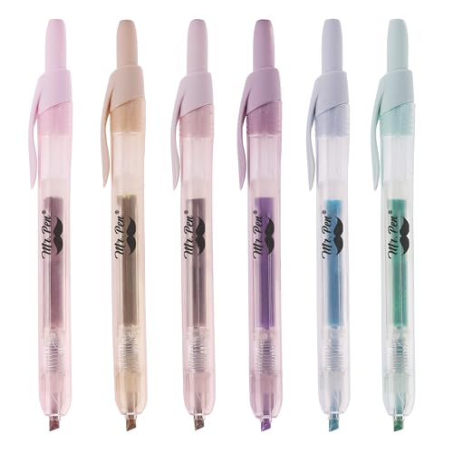 Mr. Pen- Retractable Highlighters, 6 Pack, Muted Pastel Colors | Chisel Tip Highlighter Marker Set, Click Highlighter Markers for Classroom, Journaling, Study Supplies - color: Muted Pastel