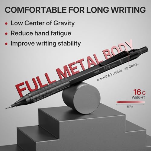 WUO Metal Mechanical Pencil Set, 5-Pack 0.3mm 0.5mm 0.7mm 0.9mm 2.0mm Drafting Pencils with 312 Lead Refills, Precision Eraser Pen, Erasers & Sharpeners for Drawing, Sketching, Writing - color: Black, size: 0.3/0.5/0.7/0.9/2.0