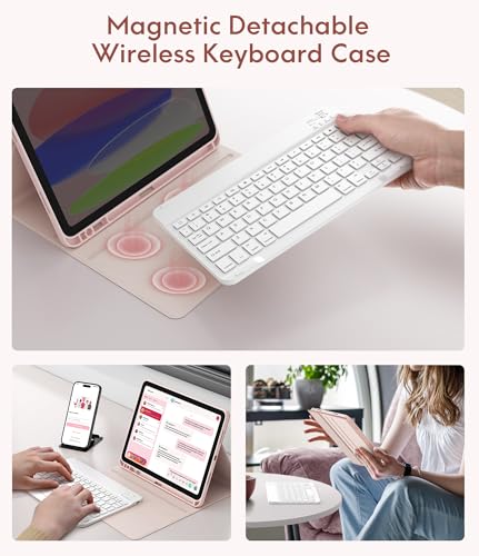 CHESONA Keyboard Case for iPad A16 11th/10th Gen, Pink | Detachable Wireless Keyboard, Multi-Angle Folio Stand, Built-in Pencil Holder, Thin & Lightweight Design - color: Pink