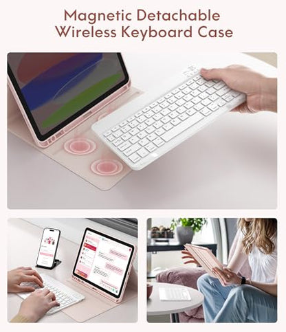 CHESONA Keyboard Case for iPad A16 11th/10th Gen, Pink | Detachable Wireless Keyboard, Multi-Angle Folio Stand, Built-in Pencil Holder, Thin & Lightweight Design - color: Pink