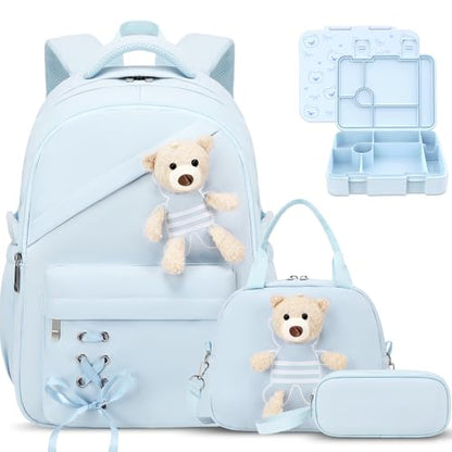 ACESAK Backpack for Girls with Bento Box - 4 PCS Cute Girls Backpack with Lunch Box, Pencil Case & Bento Box Set - 43oz Leakproof Lunch Box Kids Snack Containers Set Back to School Supplies (Blue) - color: Blue