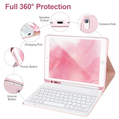 AHYWTAN Keyboard Case for iPad 9/8/7th Gen 10.2’’,Case with Bluetooth Keyboard for iPad 9th Gen with Pencil Holder,Pink-W - color: Pink-W
