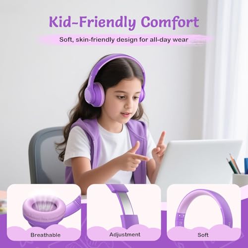 TONOSHARK Kids Bluetooth Headphones with Active Noise Cancelling, Wireless Over-Ear Headphones for Boys Girls, Foldable, Adjustable, 40H Playtime, Mic for School Travel(Purple) - color: Purple