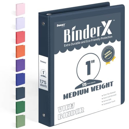BinderX Extra Durable 3 Ring Binder, Round Rings 1 Inch Binder, Fits 175 Sheets of 8.5x11 Paper, Customizable View Cover with Inside Pockets, Cute 1" Binders, 1 Inch 1 Pack, Dark Blue - color: Dark Blue, size: 1 inch