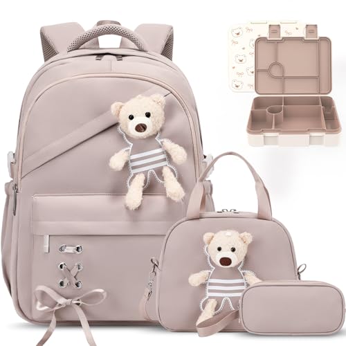ACESAK Backpack for Girls with Bento Box - 4 PCS Cute Girls Backpack with Lunch Box, Pencil Case & Bento Box Set - 43oz Leakproof Lunch Box Kids Snack Containers Set Back to School Supplies (Khaki) - color: Khaki