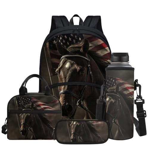 Brown Horse Pattern 4th of July Backpack for Boys School Bags Set with Insulated Lunch Bag Cooler Water Bottle Sleeve Pencil Pen Case 4 Pieces for Teenage Student - color: Brown Horse - 4th of July