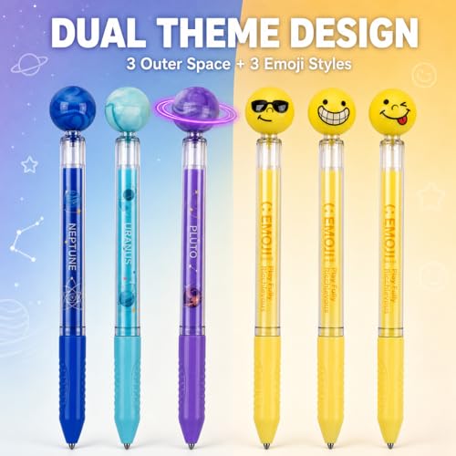 6 Pack Fidget Spinner Pens - 360° Rotating Ball Gel Pens, 0.5mm Black Ink Quick-Dry Planet & Emoji Retractable Pens for Kids & Adults, Stress Relief Stationery Office School Supplies Gift