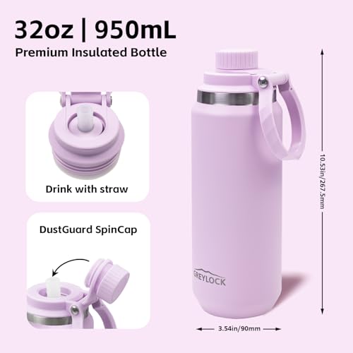 GREYLOCK 32 oz Insulated Water Bottle with Straw Lid, Leakproof Reusable Stainless Steel Vacuum Flask, 24hr Cold & Hot, Carry Handle & Silicone Spout, BPA-Free for Gym, Hiking, Travel, Purple - color: Lilac, size: 32 Ounces