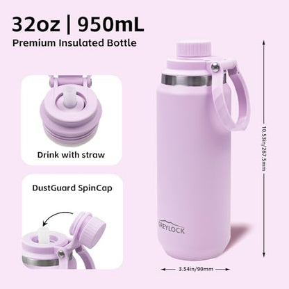 GREYLOCK 32 oz Insulated Water Bottle with Straw Lid, Leakproof Reusable Stainless Steel Vacuum Flask, 24hr Cold & Hot, Carry Handle & Silicone Spout, BPA-Free for Gym, Hiking, Travel, Purple - color: Lilac, size: 32 Ounces