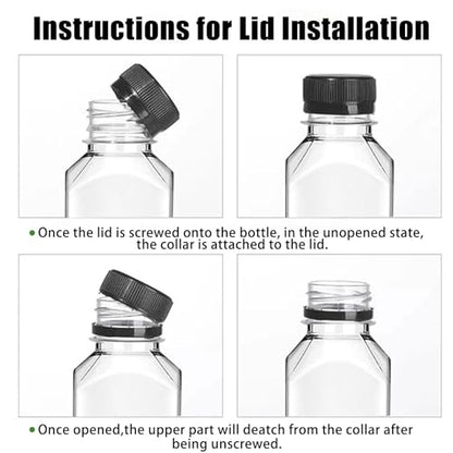 Plastic Juice Bottles with Caps 10pcs 12oz, Reusable Juice Containers with Black Tamper-Evident Lids, Clear Bottles for Juicing, Milk, Smoothie Bottle, Drinking with 10 Labels, Brush and Funnel
