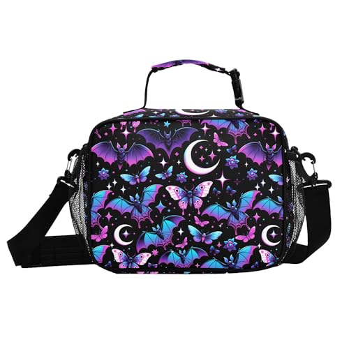 MNSRUU Student Lunch Bag Neon Purple and Bats Stars and Moons Insulated DinnerTotes Picnic Bag Lunch Box with Adjustable Shoulder Strap for Teen Kids Adults - color: Bats A8889